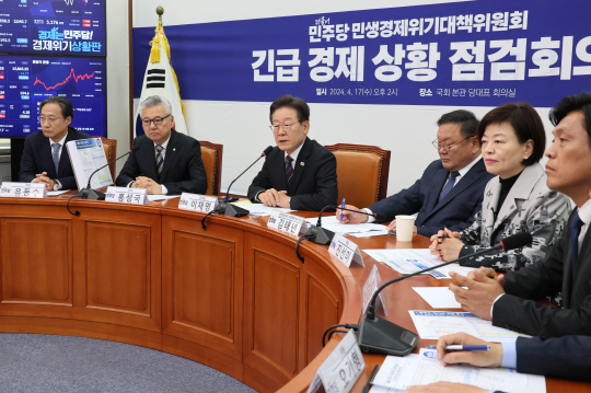 이재명 더불어민주당 대표가 17일 국회에서 열린 긴급 경제 상황 점검회의에서 발언하고 있다.<연합뉴스>